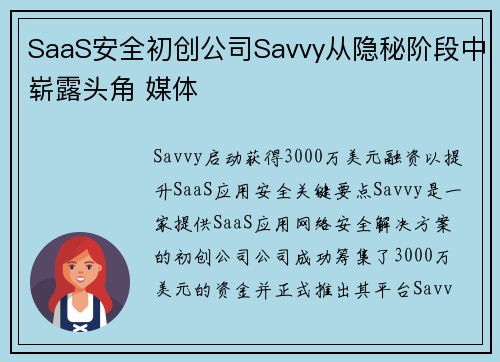 SaaS安全初创公司Savvy从隐秘阶段中崭露头角 媒体